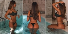 Agustina Gandolfo si rilassa in piscina a Madrid con Lautaro e la figlia Nina