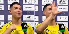 Cristiano Ronaldo sbeffeggia un tifoso avversario: il gesto con le cinque Champions fa il giro del mondo