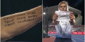 Quella scritta sul braccio e il messaggio sulla pettorina che dicono tutto: la magica notte di Tamberi