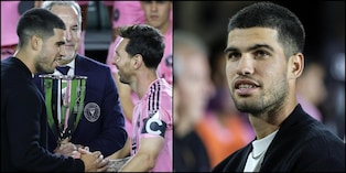 Alcaraz premia Messi e l'Inter Miami: le foto mentre consegna il trofeo