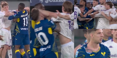 FOTO Mani in faccia e maglie strappate: rissa furiosa in Verona-Fiorentina tra Suslov e Gudmundsson