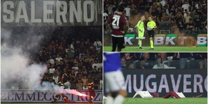 Caos a Salerno: petardi e seggiolini in campo. Gara sospesa