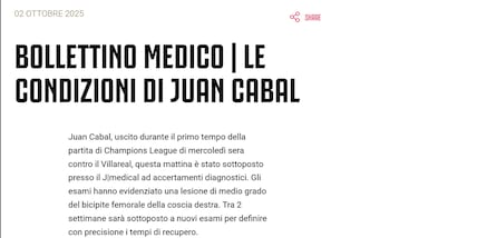 Juventus: lesione al bicipite femorale per Cabal, tempi di recupero da valutare