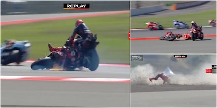 Che paura per Marc Marquez, cade e sfiora la moto di Bezzecchi: scintille accanto a lui