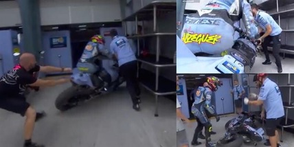 Aldeguer centra un mobile nel box con la moto. Il commento in tv: "Sai quante volte sono caduto così?"