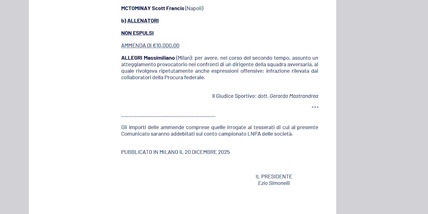 Milan, Allegri multato per le offese a Oriali