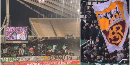 Gemellaggio Panathinaikos e Roma, striscioni e bandiere: è festa tra i tifosi sugli spalti