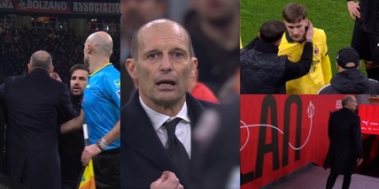 Allegri espulso, è incredulo: il rosso dopo il battibecco tra Saelemaekers e Fabregas