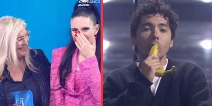 Domenica In Sanremo, Ditonellapiaga scoppia a piangere. E Fulminacci canta con una banana