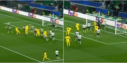 Cose che si vedono raramente nel calcio: la doppia traversa con lo stesso tiro in Sporting-Bodo, fotosequenza