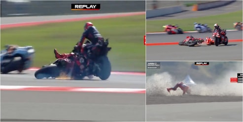 Che paura per Marc Marquez, cade e sfiora la moto di Bezzecchi: scintille accanto a lui