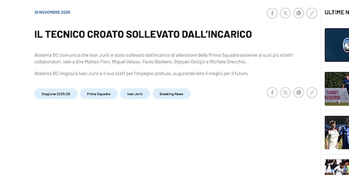 Ufficiale: l'Atalanta ha esonerato Juric