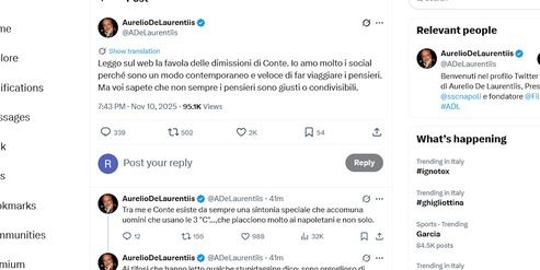 De Laurentiis sottolinea sui social: "Dimissioni Conte una favola"