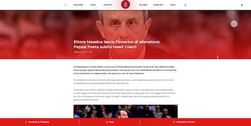 Ufficiale: Ettore Messina lascia l'incarico di allenatore, al suo posto Poeta