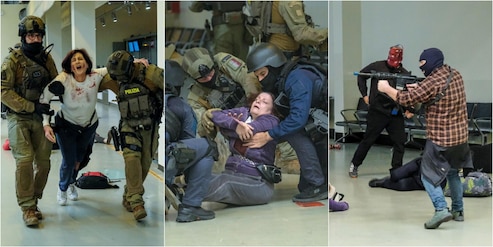 Roma, all'aeroporto di Fiumicino simulato un grande attacco terroristico con ostaggi e feriti: le suggestive immagini