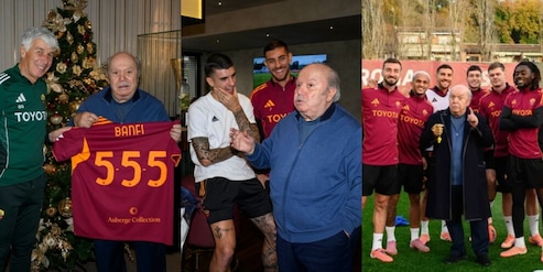 Lino Banfi in visita a Trigoria: quante risate con Gasperini e i giocatori della Roma