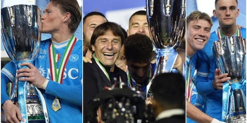 FOTO La grande festa del Napoli con la Supercoppa tra le mani: Di Lorenzo e Conte i più scatenati