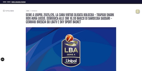 Basket: Virtus Bologna-Trapani non si gioca, è ufficiale