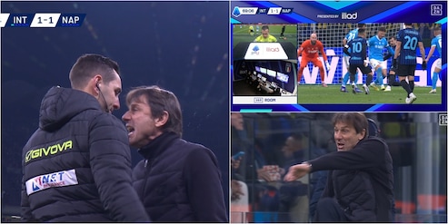 Conte faccia a faccia con il quarto uomo dopo il rigore assegnato all'Inter, Doveri estrae il rosso: la fotosequenza
