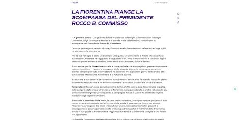 Addio Rocco Commisso, morto il presidente della Fiorentina
