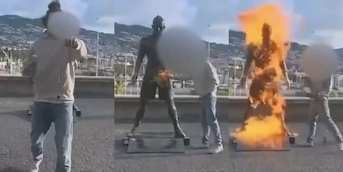 Dà fuoco alla statua di Cristiano Ronaldo e scappa: le foto del gesto sconsiderato
