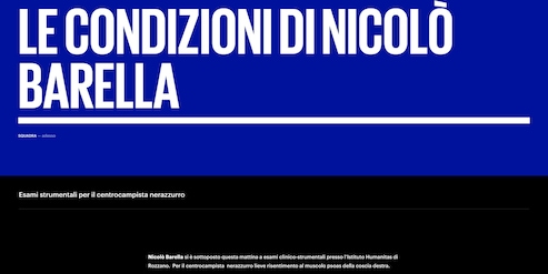 Inter, Barella: lieve risentimento al muscolo psoas della coscia destra