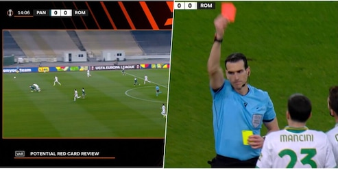Mancini espulso in Panathinaikos-Roma, Var decisivo: la fotosequenza del fallo
