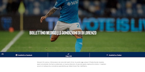 Napoli, Di Lorenzo ko: out tra le 6-8 settimane