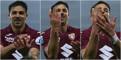 Simeone esulta imitando Sal Da Vinci dopo il gol in Torino-Lazio