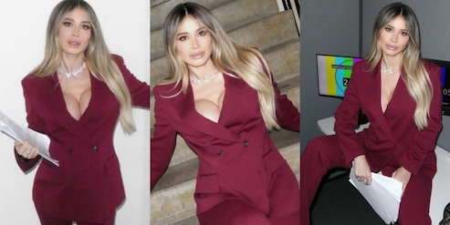 Diletta Leotta ammalia tutti per il derby di Milano: il suo completo bordeaux fa il pieno di like