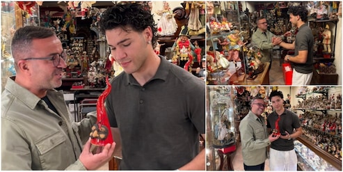 Vergara riceve un corno dal maestro Genny Di Virgilio a San Gregorio Armeno: le foto