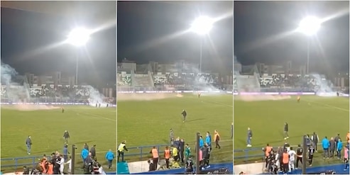 Follia in Monopoli-Foggia, gli ultras invadono il campo e vengono arrestati in campo
