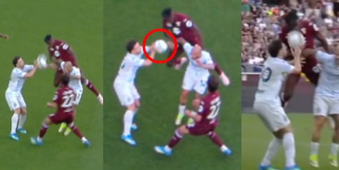 Zapata di testa, Carlos Augusto blocca con il braccio: dopo il check del Var è calcio di rigore, la sequenza