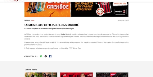 Milan, per Modric stagione finita dopo l'operazione