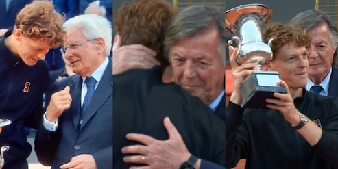 L'abbraccio con Panatta e le risate con Mattarella: la premiazione speciale di Sinner agli Internazionali d'Italia