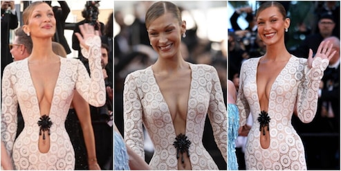 Bella Hadid show, sfila a Cannes con una scollatura vertiginosa