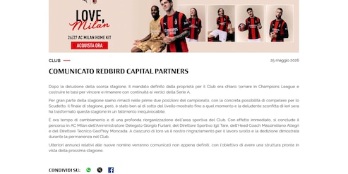 Ufficiale, Milan: addio ad Allegri, Tare, Moncada e Furlani