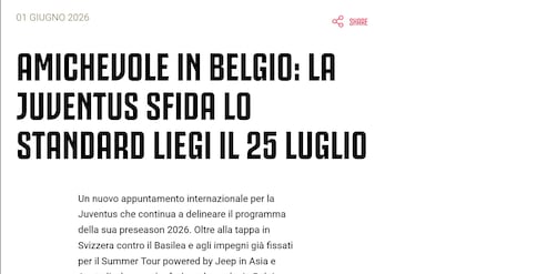 Amichevole in Belgio per la Juventus: il 25 luglio sfida allo Standard Liegi