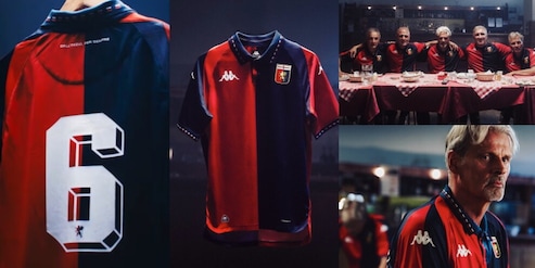 Bortolazzi, Ferroni, Ruotolo, Skuhravy e Torrente con la nuova maglia del Genoa per il 35° anniversario della storica impresa di Anfield