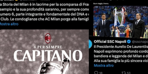 Dal Milan a Zanetti, il mondo del calcio ricorda Franco Baresi
