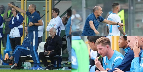 Il Napoli batte l'Osasuna a Castel di Sangro: De Laurentiis a bordocampo con Allegri, De Bruyne guarda da fuori