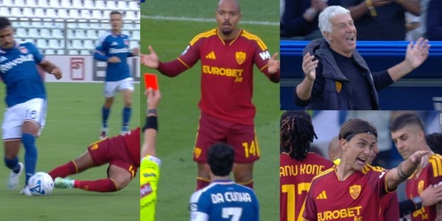 Rosso diretto a Malen per un duro fallo su Kaiki: l'attaccante della Roma non ci crede. La fotosequenza