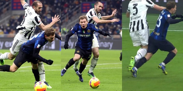 Chiellini-Barella, contatto in area: Inzaghi furioso chiede il rigore FOTOSEQUENZA