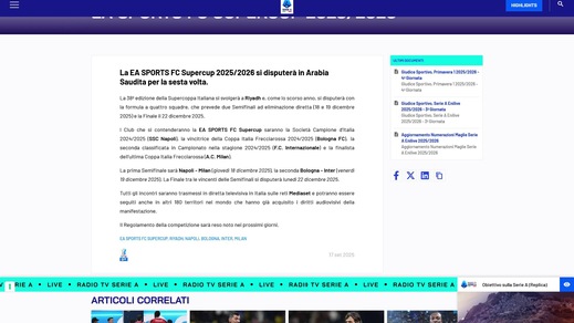 Ufficiale: la Supercoppa Italiana si disputerà a Riad