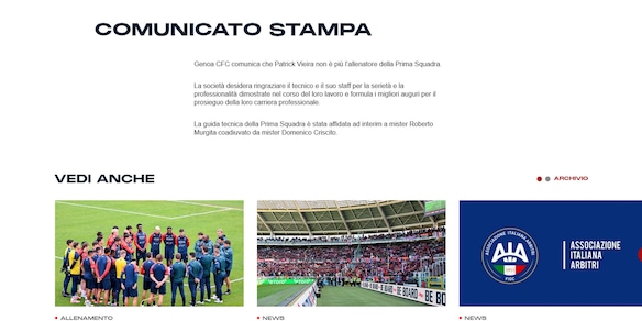 Genoa, Vieira non è più l'allenatore rossoblù