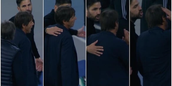 Nervosismo Conte, il siparietto con Fabregas alla fine del primo tempo prima di tornare negli spogliatoi