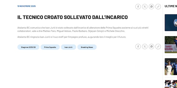Ufficiale: l'Atalanta ha esonerato Juric
