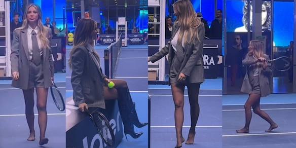 Diletta Leotta si toglie gli stivali e... resta a piedi nudi per giocare a tennis: che show alle Atp Finals