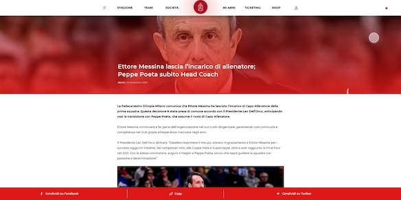 Ufficiale: Ettore Messina lascia l'incarico di allenatore, al suo posto Poeta