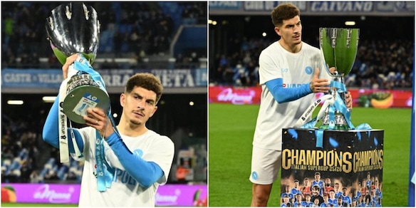 Il Napoli porta in campo la Supercoppa italiana: Di Lorenzo la mostra ai tifosi